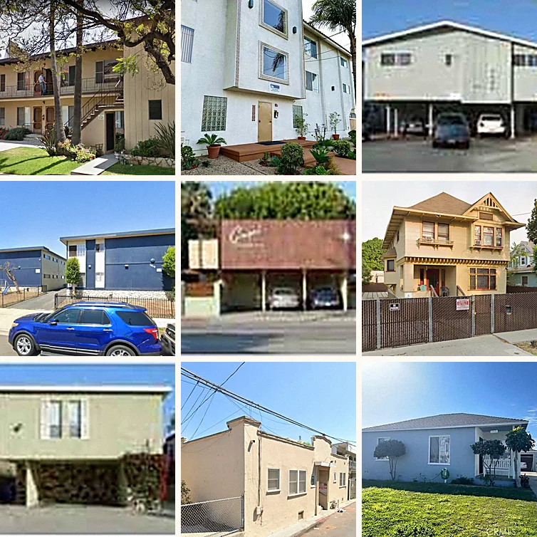 A grid of nine Los Angeles apartment buildings, each two stories over open parking