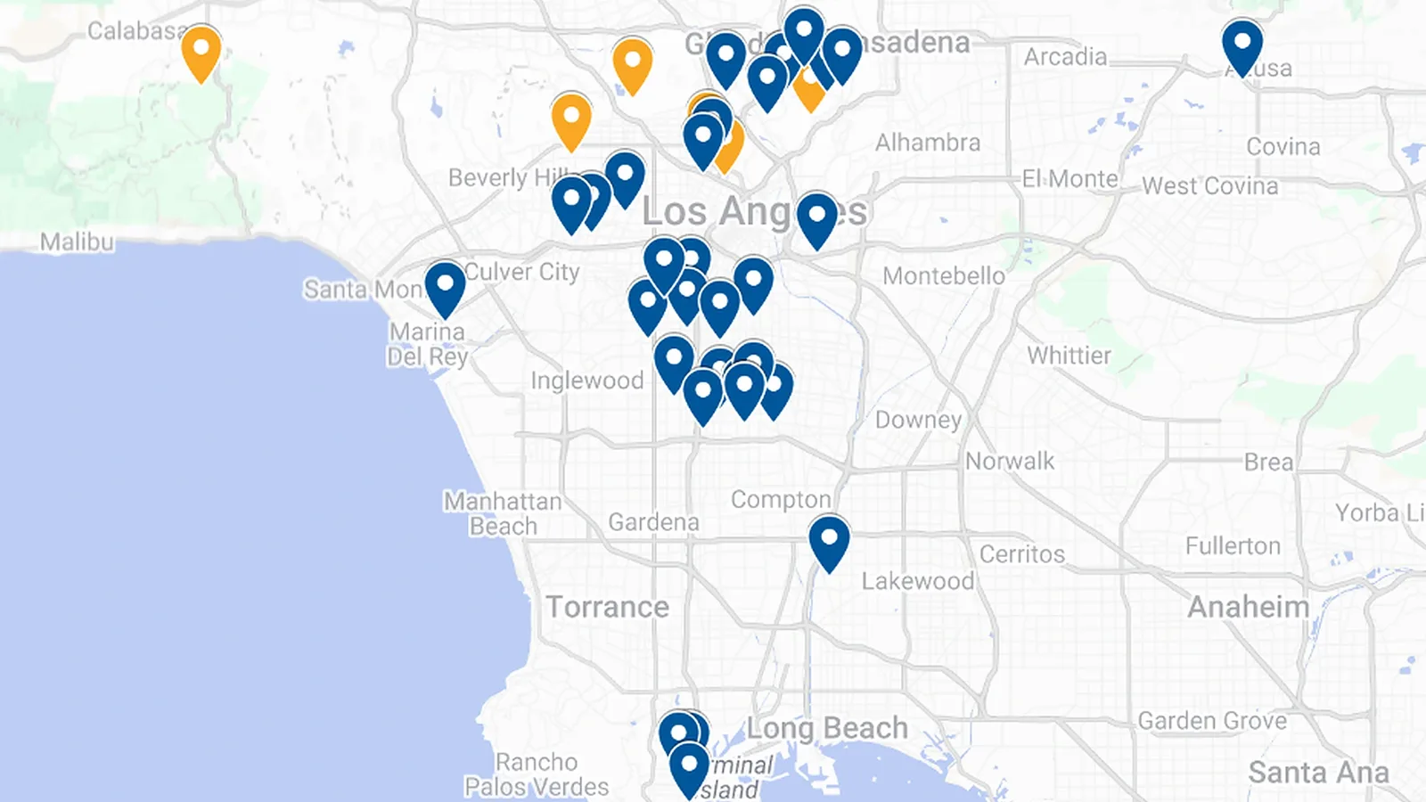 Map of the Los Angeles area with 35 project pins, clustered in Northeast LA, South LA, and San Pedro, with others in Topanga, Venice, Long Beach, and Azusa